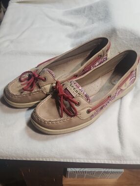 Sperry Tan Leather Moccasins with Red Accents